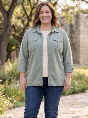 Vtg Y2K Cherokee Plus Size 18W Sage Green Cotton Utility Shacket Grunge *Flaw